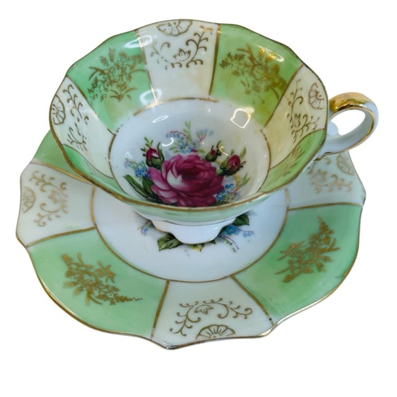 Teacup and Saucer Vintage Old Gold Japan Mint Green and Rose Floral Hand Painted - Picture 2 of 13